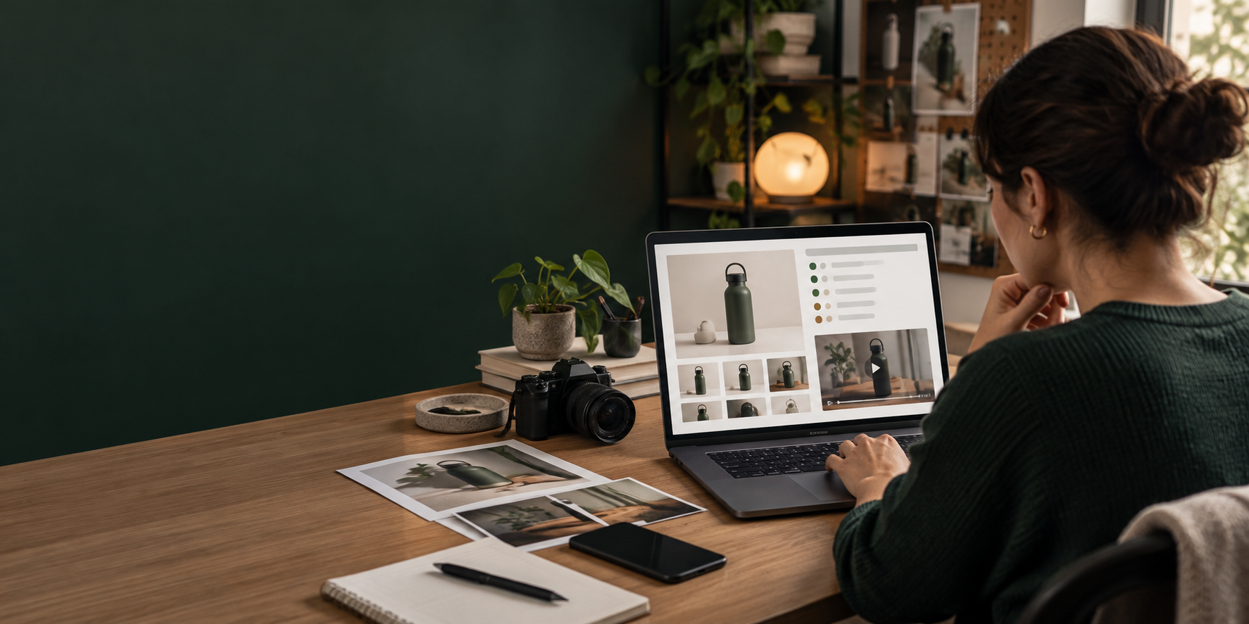 Seller reviewing product images and a video on a laptop