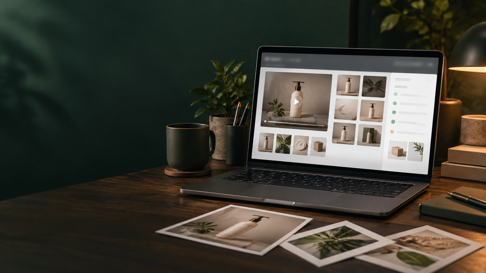 Laptop showing a product media review workspace