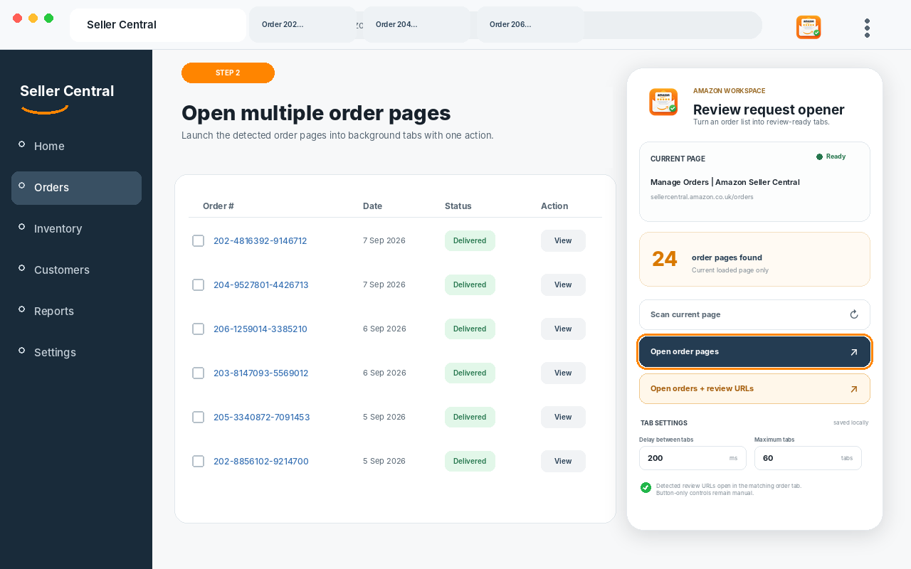 Opening multiple Amazon order pages in background tabs