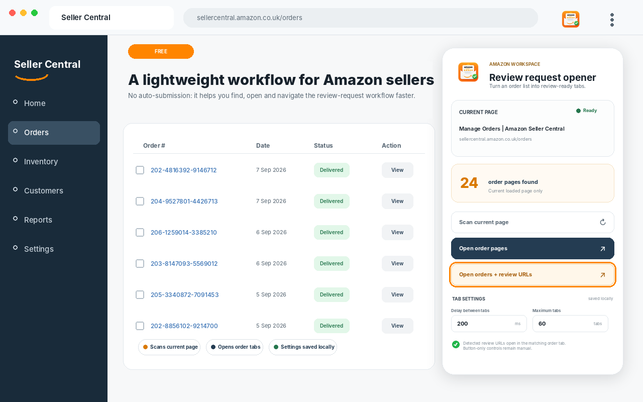 Lightweight review request workflow for Amazon sellers